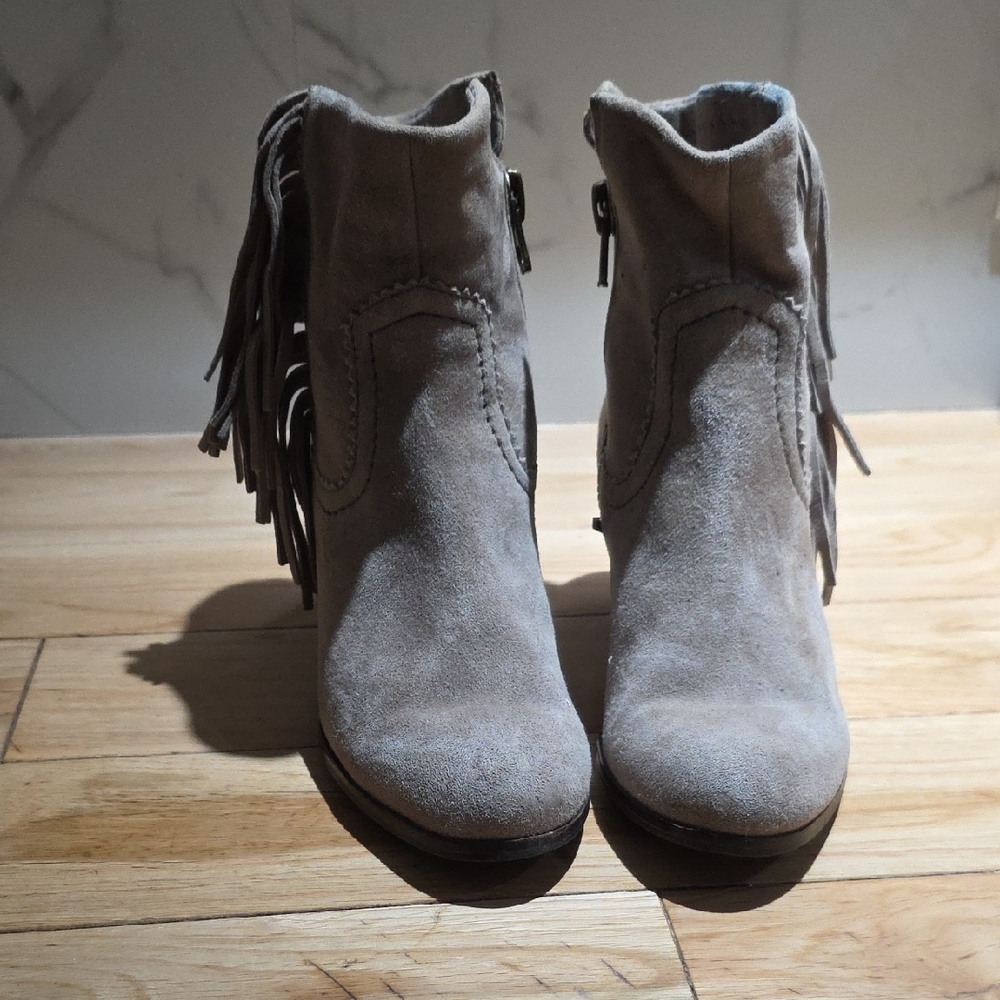 SAM EDELMAN Fringe Suede Ankle Boots - Gray